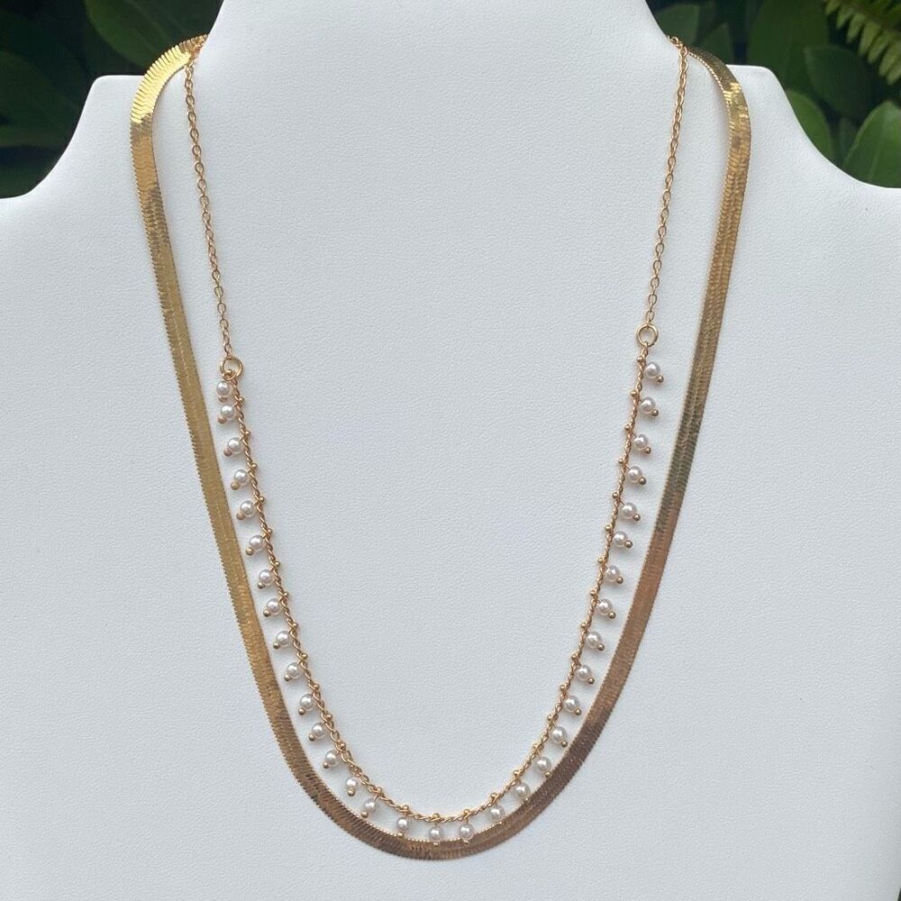 NWOT New Amber Sceats Gold & Pearl 2 Layered Necklace Snake Chain Dainty Bridal